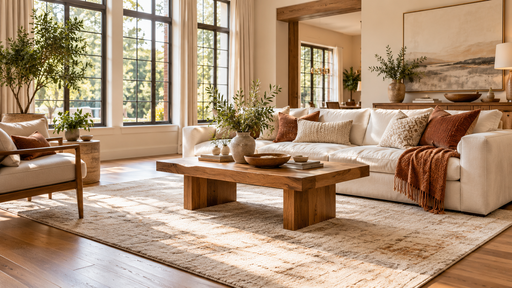 A bright, welcoming living room with warm wood and soft copper accents